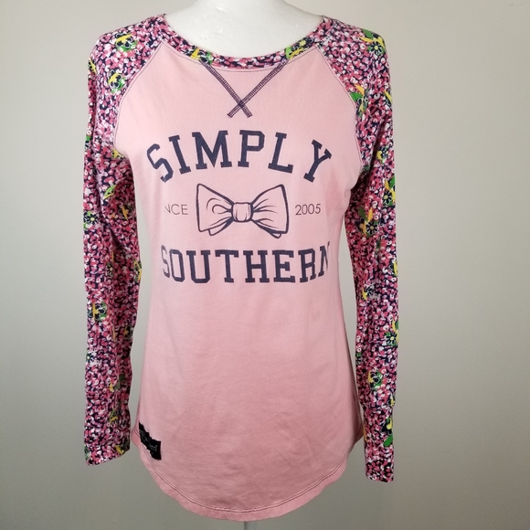 Simply Southern Tops - Simply Southern Bow Graphic Floral Raglan Long Sleeve Tee Pink Medium